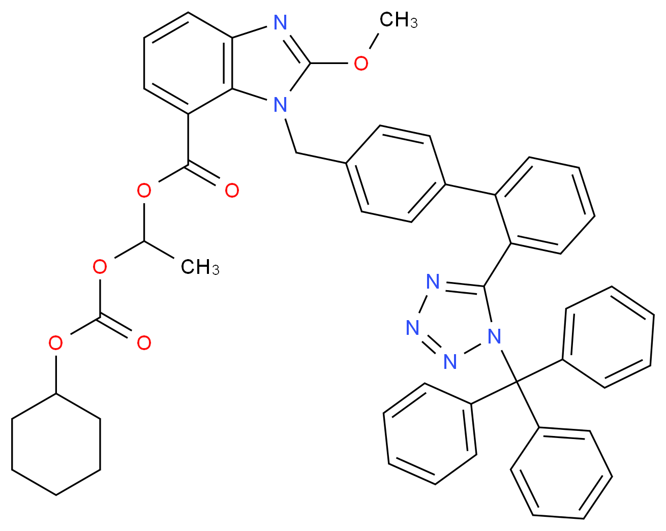 1-{[(cyclohexyloxy)carbonyl]oxy}ethyl 2-methoxy-1-[(4-{2-[1-(triphenylmethyl)-1H-1,2,3,4-tetrazol-5-yl]phenyl}phenyl)methyl]-1H-1,3-benzodiazole-7-carboxylate_分子结构_CAS_1246818-56-3