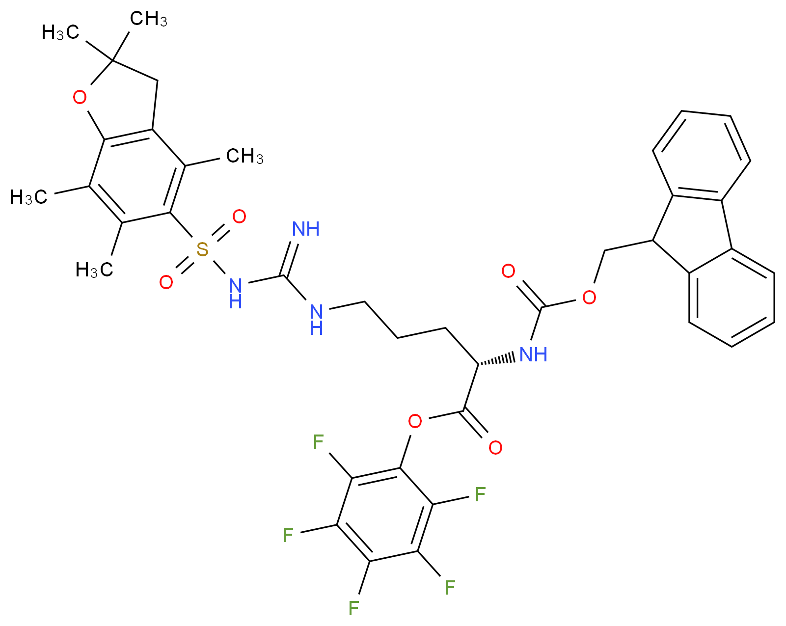 pentafluorophenyl (2S)-2-{[(9H-fluoren-9-ylmethoxy)carbonyl]amino}-5-{1-[(2,2,4,6,7-pentamethyl-2,3-dihydro-1-benzofuran-5-yl)sulfonyl]carbamimidamido}pentanoate_分子结构_CAS_200132-16-7