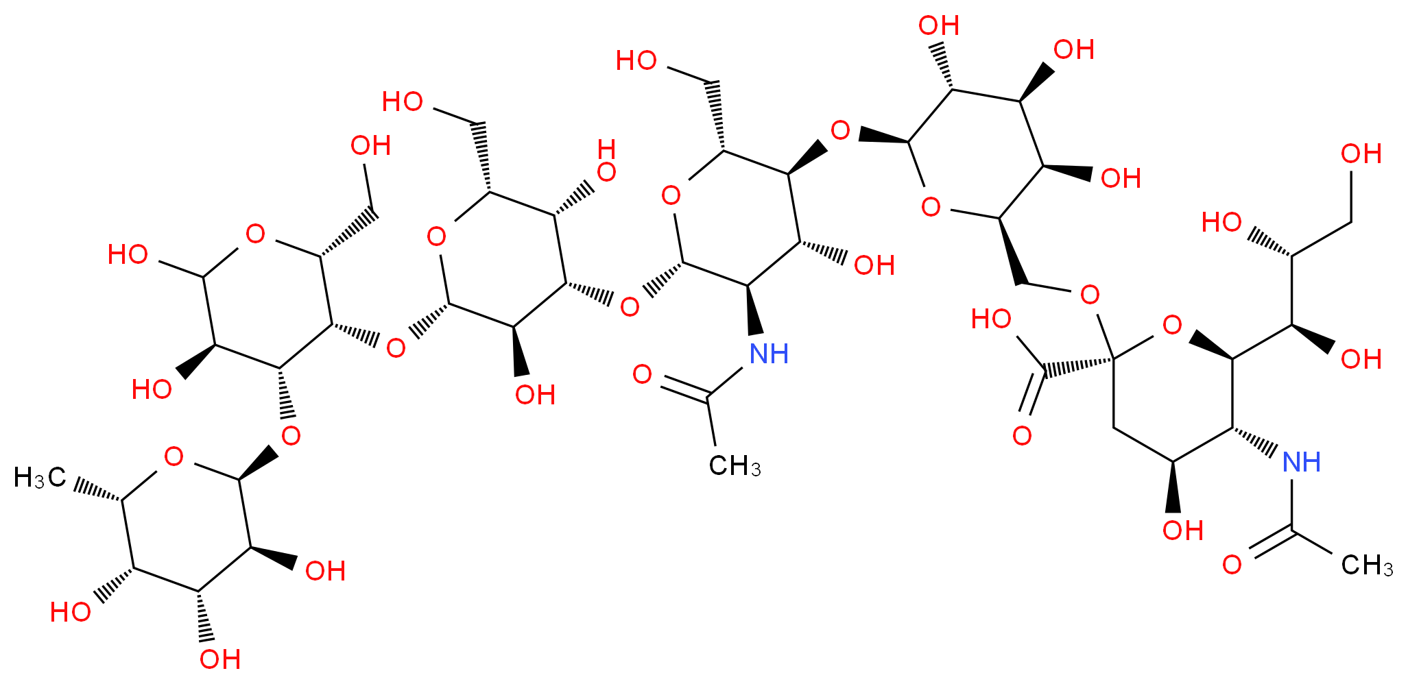 (2R,4S,5R,6R)-2-{[(2R,3R,4S,5R,6S)-6-{[(2R,3S,4R,5R,6S)-6-{[(2S,3R,4S,5S,6R)-2-{[(2R,3S,4R,5R)-5,6-dihydroxy-2-(hydroxymethyl)-4-{[(2S,3S,4R,5S,6S)-3,4,5-trihydroxy-6-methyloxan-2-yl]oxy}oxan-3-yl]oxy}-3,5-dihydroxy-6-(hydroxymethyl)oxan-4-yl]oxy}-5-acetamido-4-hydroxy-2-(hydroxymethyl)oxan-3-yl]oxy}-3,4,5-trihydroxyoxan-2-yl]methoxy}-5-acetamido-4-hydroxy-6-[(1R,2R)-1,2,3-trihydroxypropyl]oxane-2-carboxylic acid_分子结构_CAS_111216-36-5