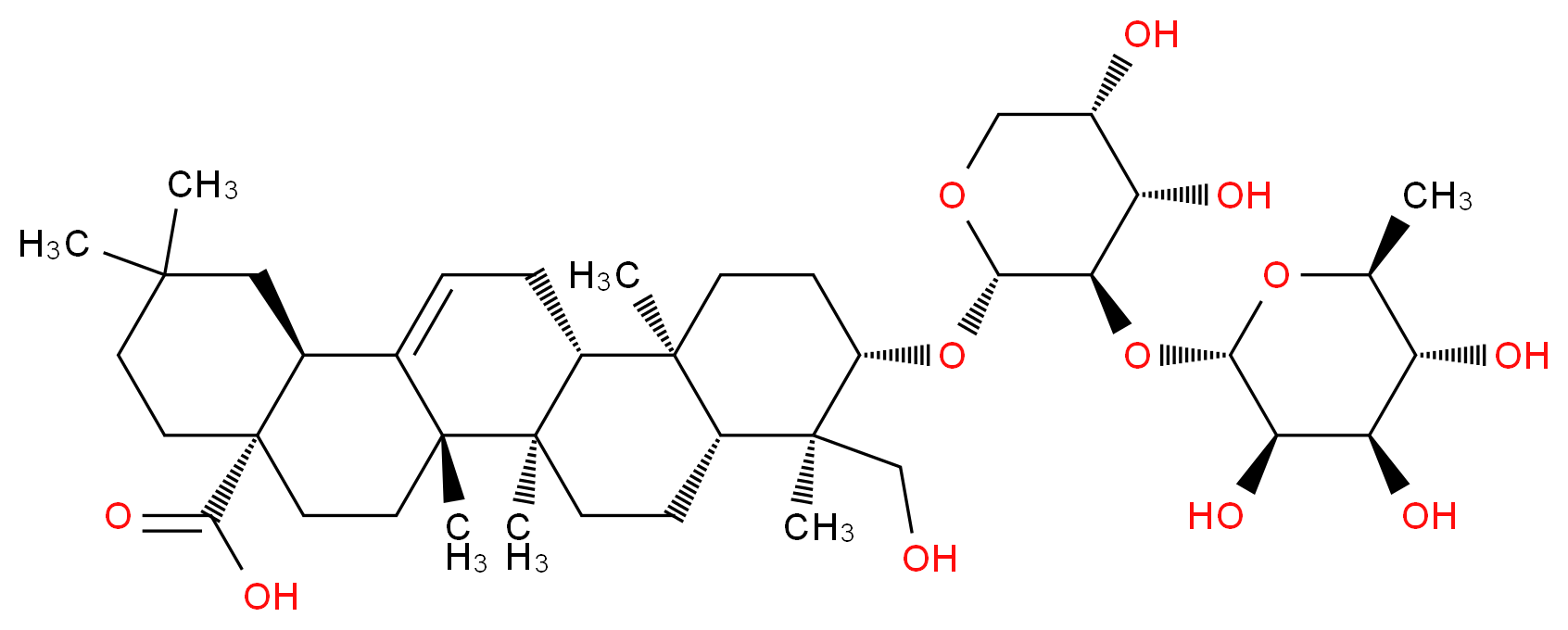 (4aS,6aS,6bR,8aR,9R,10S,12aR,12bR,14bS)-10-{[(2S,3R,4S,5S)-4,5-dihydroxy-3-{[(2S,3R,4R,5R,6S)-3,4,5-trihydroxy-6-methyloxan-2-yl]oxy}oxan-2-yl]oxy}-9-(hydroxymethyl)-2,2,6a,6b,9,12a-hexamethyl-1,2,3,4,4a,5,6,6a,6b,7,8,8a,9,10,11,12,12a,12b,13,14b-icosahydropicene-4a-carboxylic acid_分子结构_CAS_27013-91-8