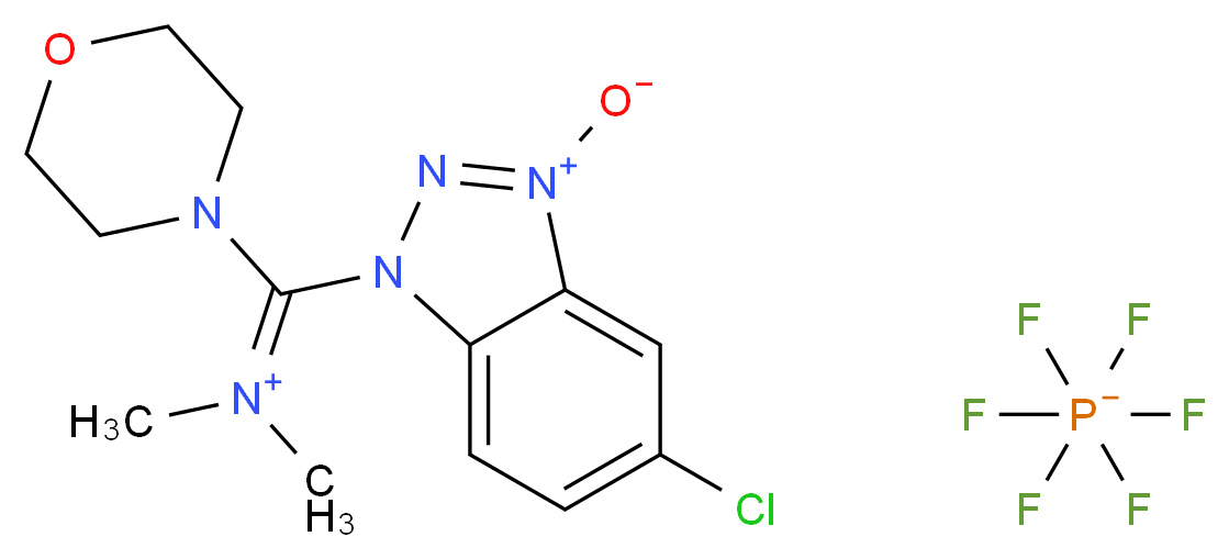 hexafluoro-λ<sup>5</sup>-phosphanuide 5-chloro-1-[(dimethyliminiumyl)(morpholin-4-yl)methyl]-1H-1,2,3-benzotriazol-3-ium-3-olate_分子结构_CAS_1082951-62-9