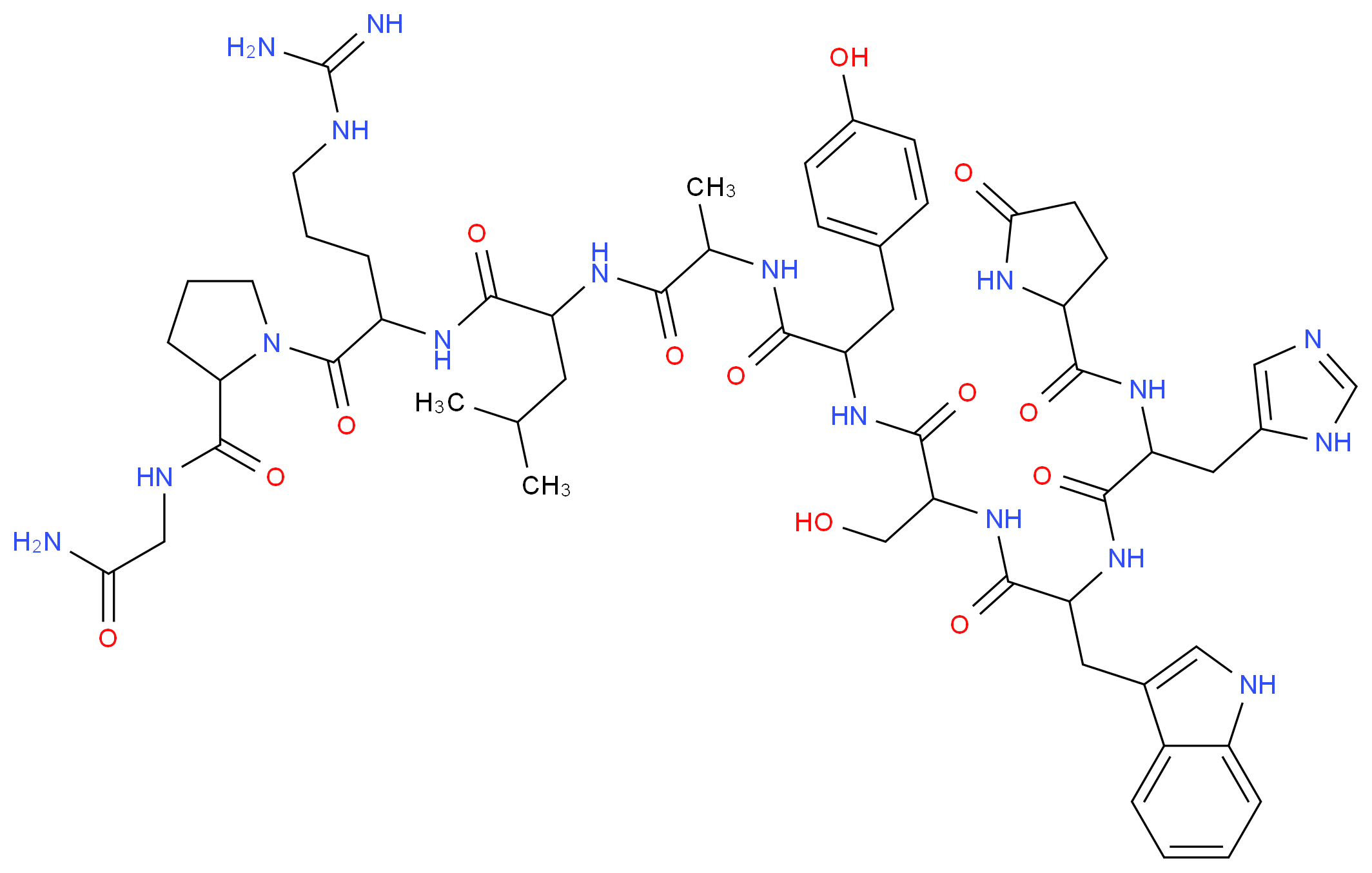 N-(5-carbamimidamido-1-{2-[(carbamoylmethyl)carbamoyl]pyrrolidin-1-yl}-1-oxopentan-2-yl)-2-{2-[2-(3-hydroxy-2-{2-[3-(1H-imidazol-5-yl)-2-[(5-oxopyrrolidin-2-yl)formamido]propanamido]-3-(1H-indol-3-yl)propanamido}propanamido)-3-(4-hydroxyphenyl)propanamido]propanamido}-4-methylpentanamide_分子结构_CAS_51230-19-4