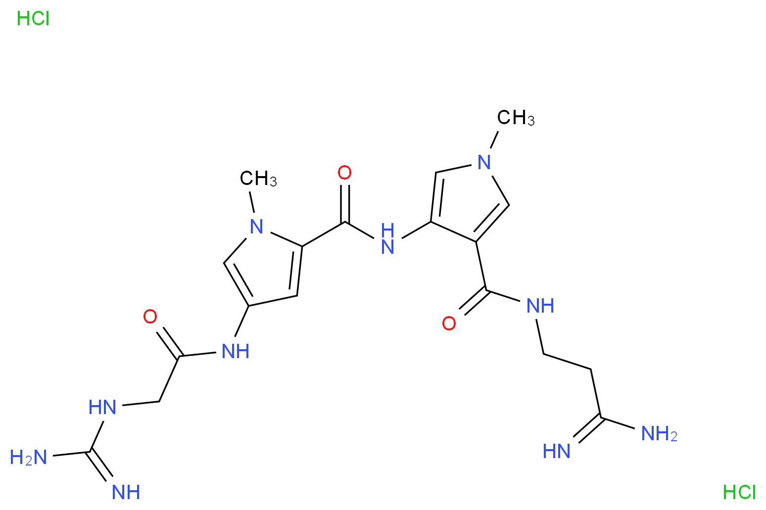 4-[4-(2-carbamimidamidoacetamido)-1-methyl-1H-pyrrole-2-amido]-N-(2-carbamimidoylethyl)-1-methyl-1H-pyrrole-3-carboxamide dihydrochloride_分子结构_CAS_1438-30-8