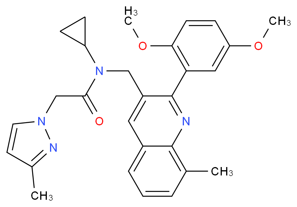 N-cyclopropyl-N-{[2-(2,5-dimethoxyphenyl)-8-methyl-3-quinolinyl]methyl}-2-(3-methyl-1H-pyrazol-1-yl)acetamide_分子结构_CAS_)