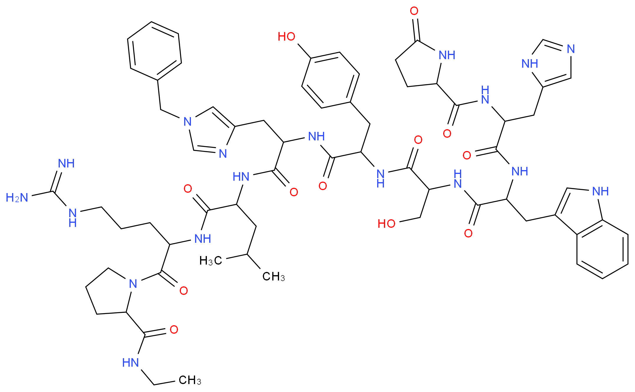 1-(2-{2-[3-(1-benzyl-1H-imidazol-4-yl)-2-[2-(3-hydroxy-2-{2-[3-(1H-imidazol-5-yl)-2-[(5-oxopyrrolidin-2-yl)formamido]propanamido]-3-(1H-indol-3-yl)propanamido}propanamido)-3-(4-hydroxyphenyl)propanamido]propanamido]-4-methylpentanamido}-5-carbamimidamidopentanoyl)-N-ethylpyrrolidine-2-carboxamide_分子结构_CAS_76712-82-8