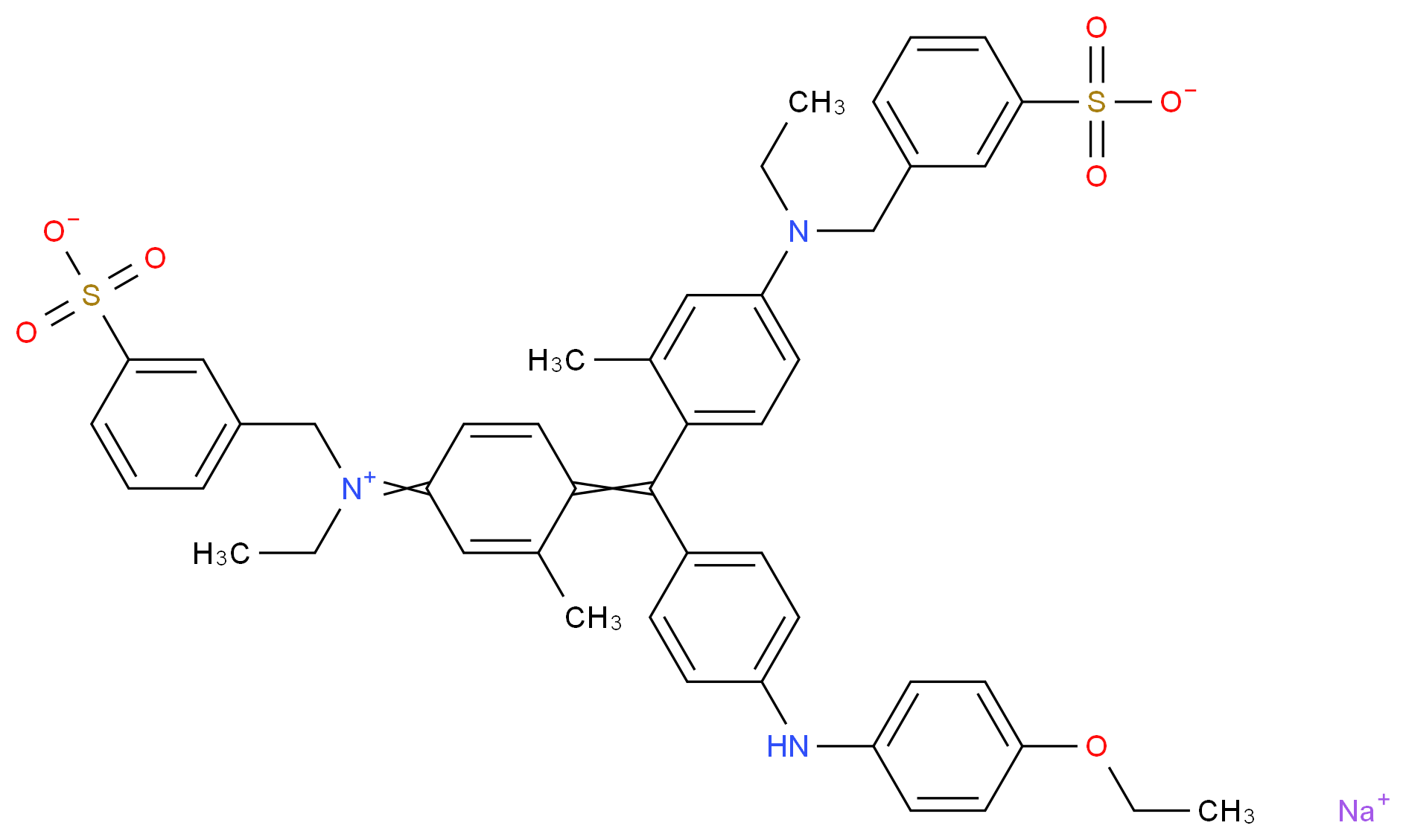 sodium 3-({[4-({4-[(4-ethoxyphenyl)amino]phenyl}(4-{ethyl[(3-sulfonatophenyl)methyl]iminiumyl}-2-methylcyclohexa-2,5-dien-1-ylidene)methyl)-3-methylphenyl](ethyl)amino}methyl)benzene-1-sulfonate_分子结构_CAS_6104-58-1