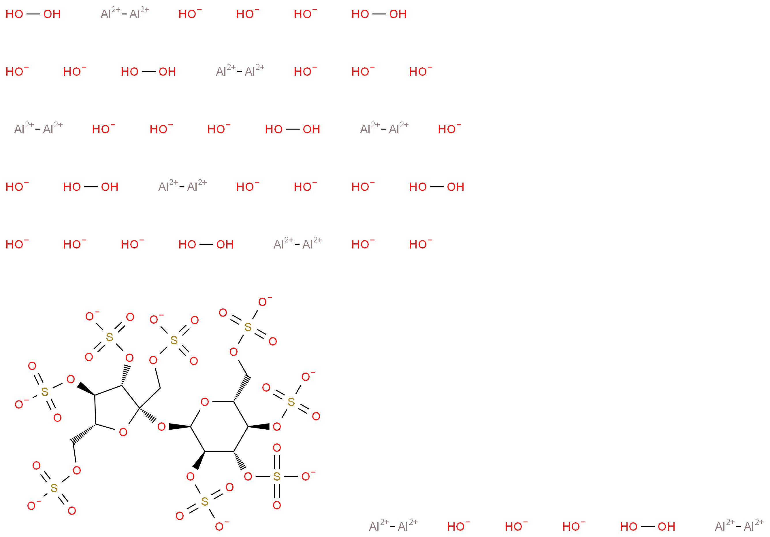 octakis(dialumane-1,1,2,2-tetrakis(ylium)) octakis(peroxol) (2S,3S,4R,5R)-4-(sulfonatooxy)-2,5-bis[(sulfonatooxy)methyl]-2-{[(2R,3R,4S,5R,6R)-3,4,5-tris(sulfonatooxy)-6-[(sulfonatooxy)methyl]oxan-2-yl]oxy}oxolan-3-yl sulfate tetracosaoxidanide_分子结构_CAS_54182-58-0