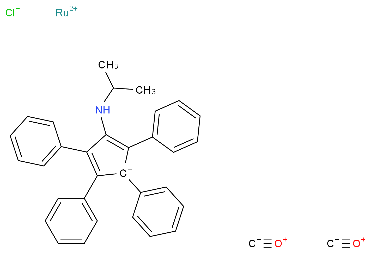 λ<sup>2</sup>-ruthenium(2+) ion 1,2,3,5-tetraphenyl-4-[(propan-2-yl)amino]cyclopenta-2,4-dien-1-ide bis(methanidylidyneoxidanium) chloride_分子结构_CAS_470688-18-7