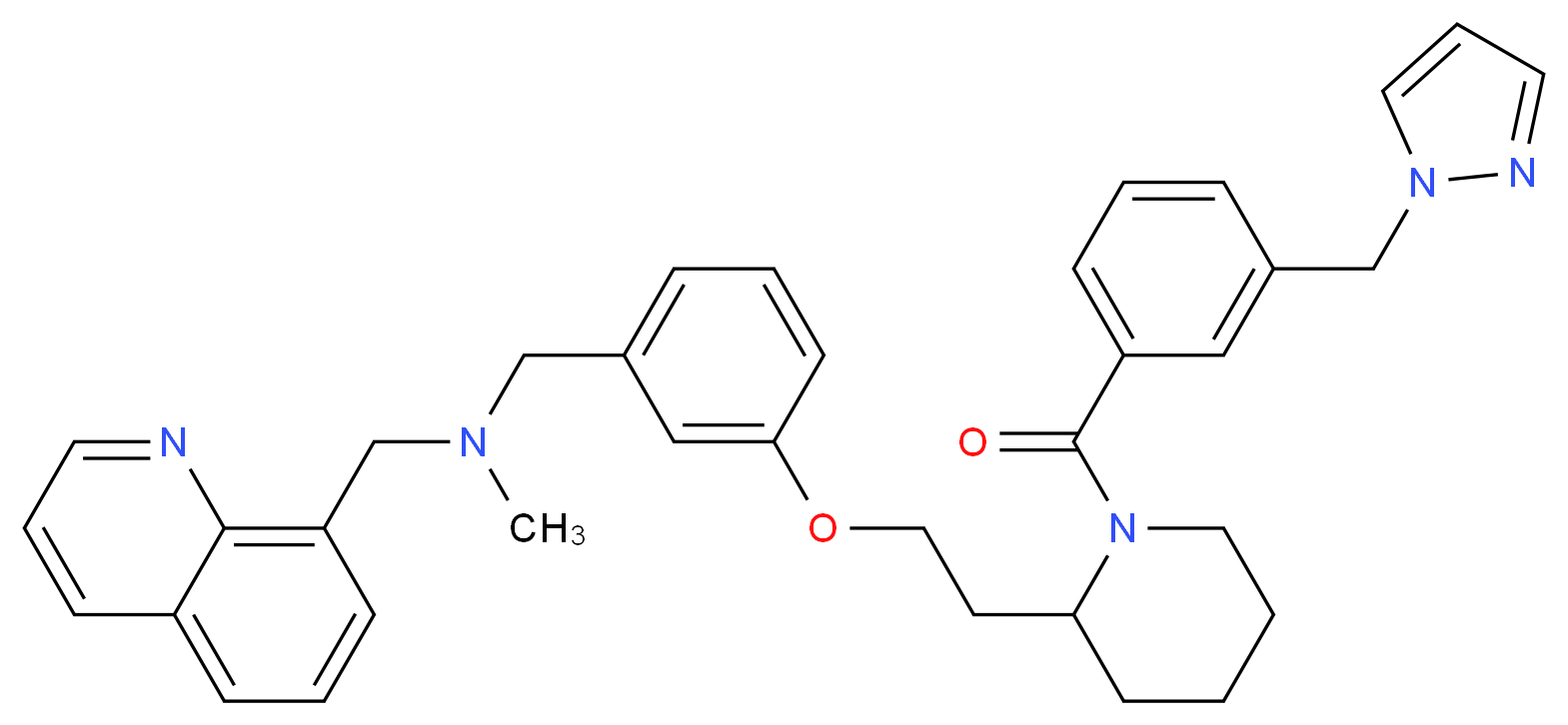 N-methyl-1-[3-(2-{1-[3-(1H-pyrazol-1-ylmethyl)benzoyl]-2-piperidinyl}ethoxy)phenyl]-N-(8-quinolinylmethyl)methanamine_分子结构_CAS_)