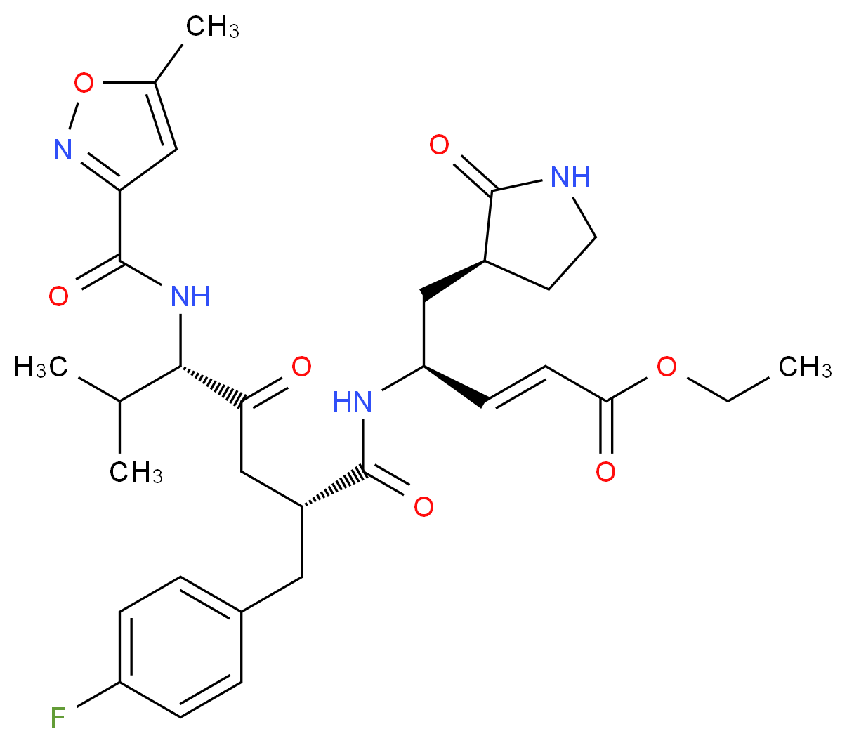 ethyl (2E,4S)-4-[(2R,5S)-2-[(4-fluorophenyl)methyl]-6-methyl-5-[(5-methyl-1,2-oxazol-3-yl)formamido]-4-oxoheptanamido]-5-[(3S)-2-oxopyrrolidin-3-yl]pent-2-enoate_分子结构_CAS_223537-30-2