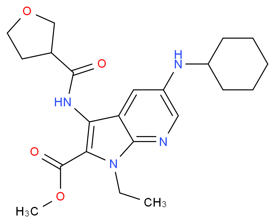 methyl 5-(cyclohexylamino)-1-ethyl-3-[(tetrahydro-3-furanylcarbonyl)amino]-1H-pyrrolo[2,3-b]pyridine-2-carboxylate_分子结构_CAS_)