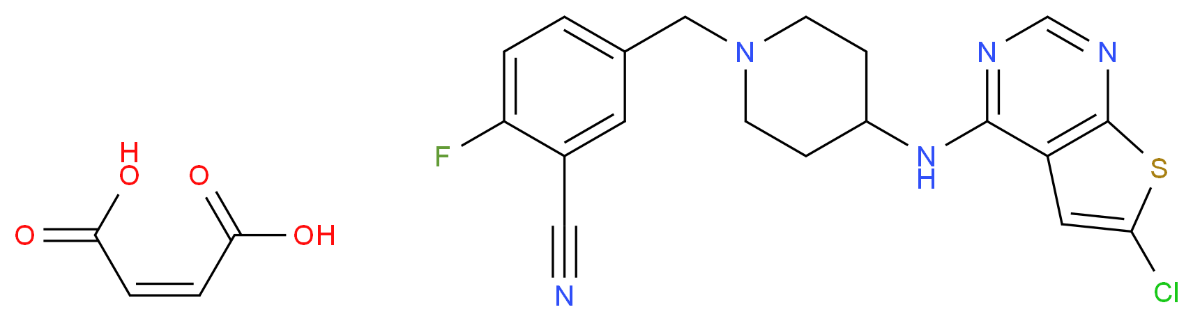 (2Z)-but-2-enedioic acid; 5-{[4-({6-chlorothieno[2,3-d]pyrimidin-4-yl}amino)piperidin-1-yl]methyl}-2-fluorobenzonitrile_分子结构_CAS_866206-55-5