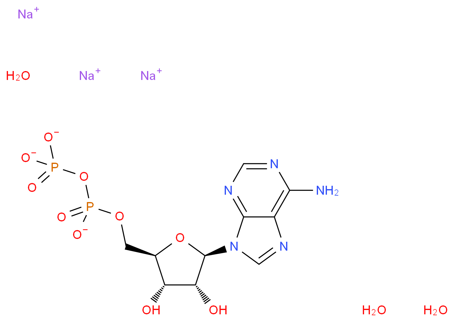 trisodium trihydrate [(2R,3S,4R,5R)-5-(6-amino-9H-purin-9-yl)-3,4-dihydroxyoxolan-2-yl]methyl (phosphonatooxy)phosphonate_分子结构_CAS_2092-65-1