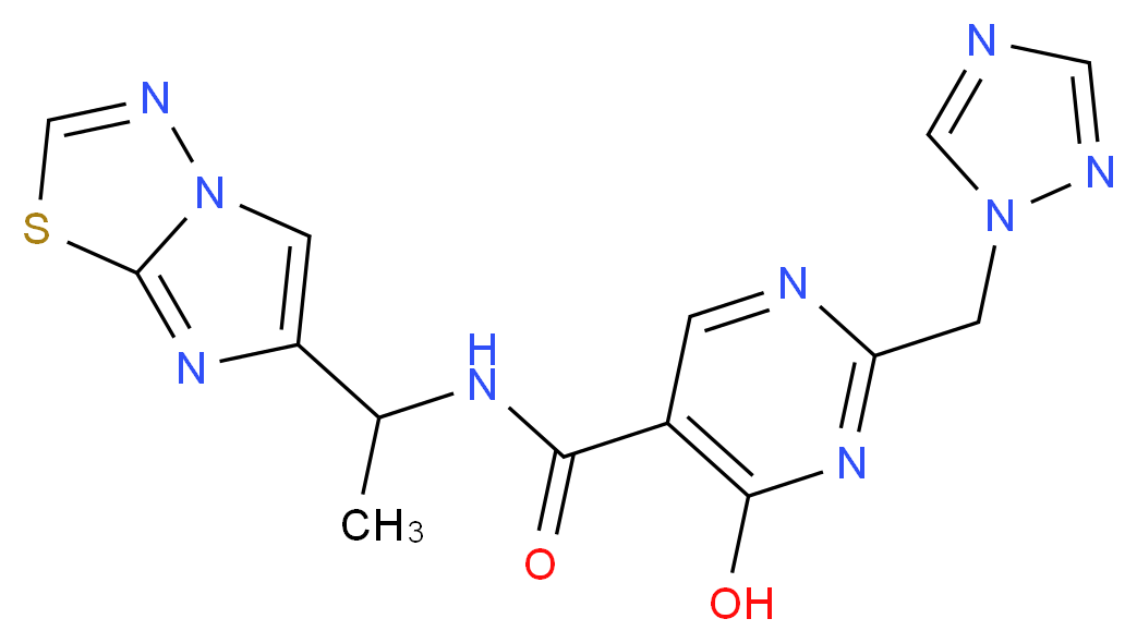 4-hydroxy-N-(1-imidazo[2,1-b][1,3,4]thiadiazol-6-ylethyl)-2-(1H-1,2,4-triazol-1-ylmethyl)pyrimidine-5-carboxamide_分子结构_CAS_)