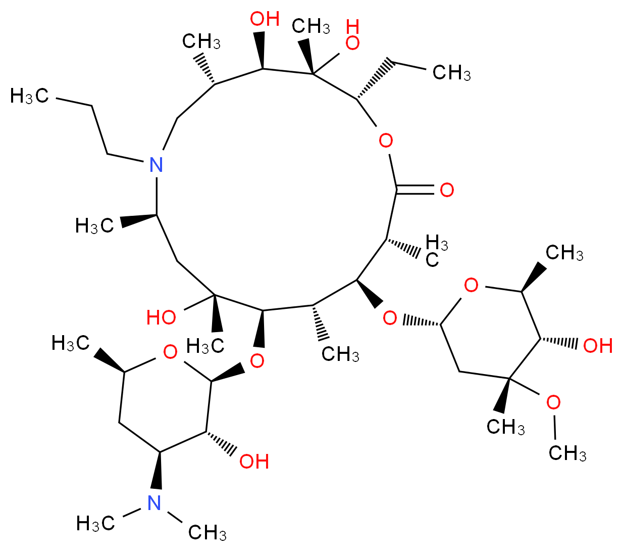 (2S,3S,4R,5S,8R,10R,11R,12S,13S,14R)-11-{[(2S,3R,4S,6R)-4-(dimethylamino)-3-hydroxy-6-methyloxan-2-yl]oxy}-2-ethyl-3,4,10-trihydroxy-13-{[(2R,4R,5S,6S)-5-hydroxy-4-methoxy-4,6-dimethyloxan-2-yl]oxy}-3,5,8,10,12,14-hexamethyl-7-propyl-1-oxa-7-azacyclopentadecan-15-one_分子结构_CAS_145435-72-9