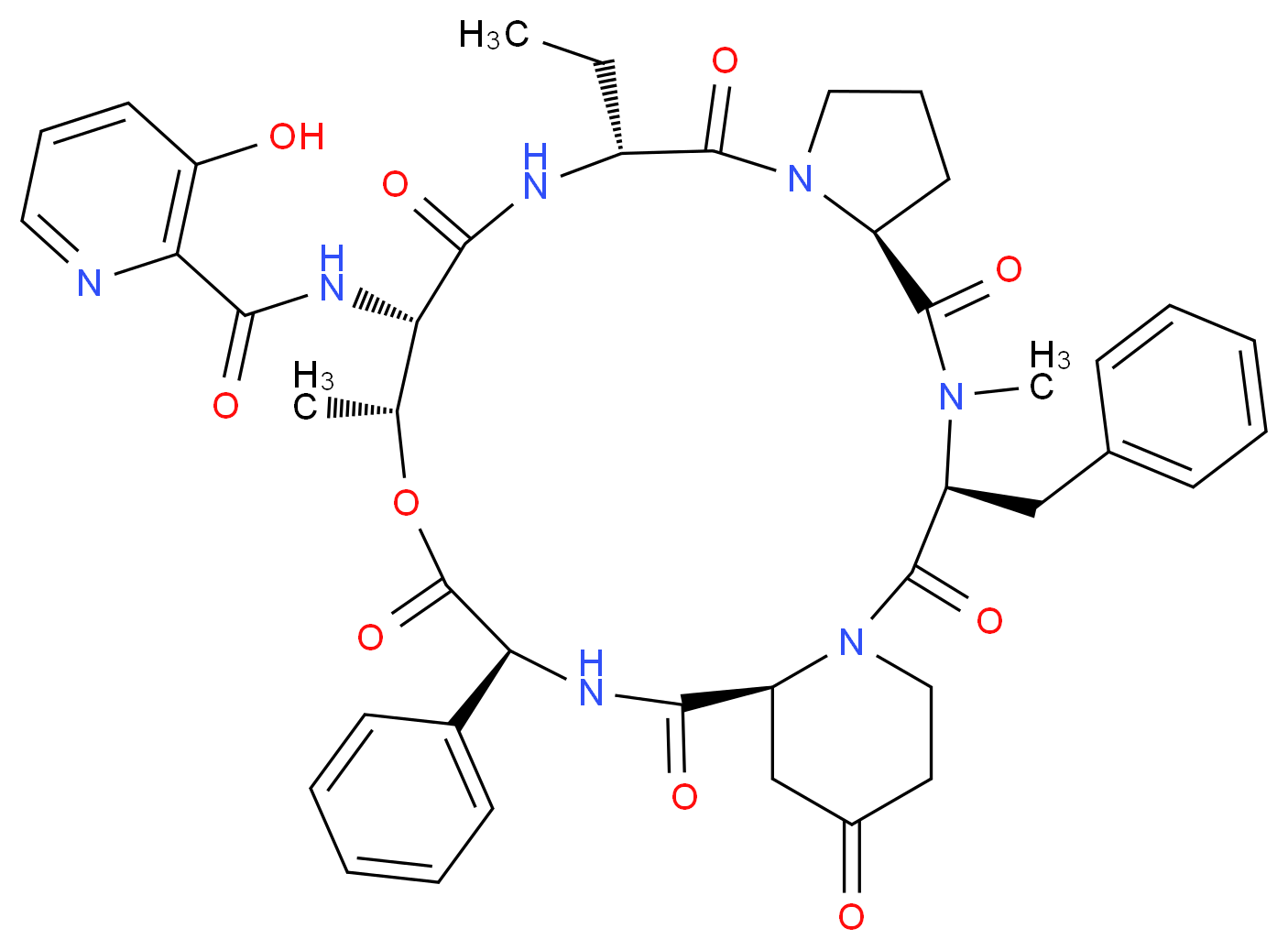 N-[(3S,6S,12R,15S,16R,19S,22S)-3-benzyl-12-ethyl-4,16-dimethyl-2,5,11,14,18,21,24-heptaoxo-19-phenyl-17-oxa-1,4,10,13,20-pentaazatricyclo[20.4.0.0<sup>6</sup>,<sup>1</sup><sup>0</sup>]hexacosan-15-yl]-3-hydroxypyridine-2-carboxamide_分子结构_CAS_23152-29-6