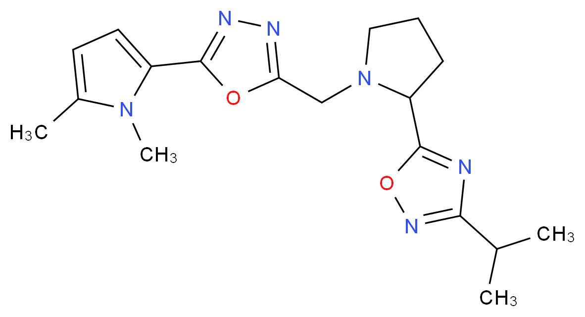 5-(1-{[5-(1,5-dimethyl-1H-pyrrol-2-yl)-1,3,4-oxadiazol-2-yl]methyl}-2-pyrrolidinyl)-3-isopropyl-1,2,4-oxadiazole_分子结构_CAS_)