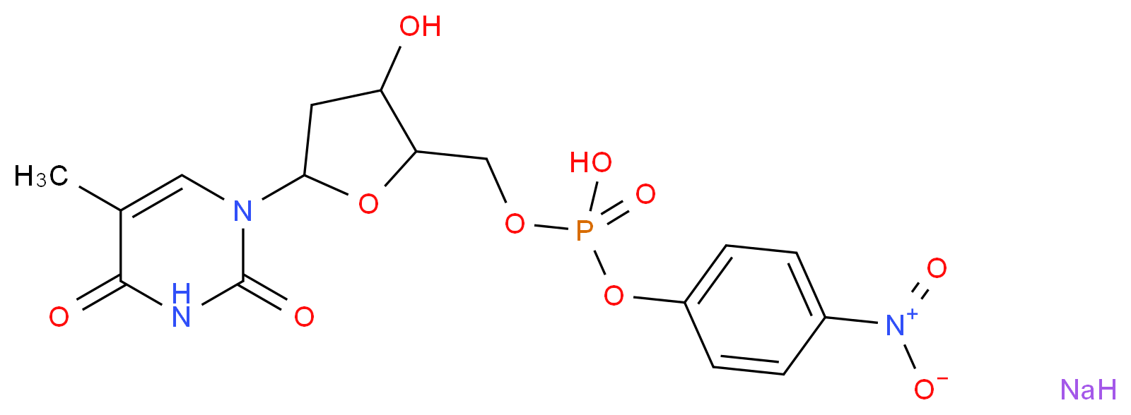 {[3-hydroxy-5-(5-methyl-2,4-dioxo-1,2,3,4-tetrahydropyrimidin-1-yl)oxolan-2-yl]methoxy}(4-nitrophenoxy)phosphinic acid sodium_分子结构_CAS_98179-10-3