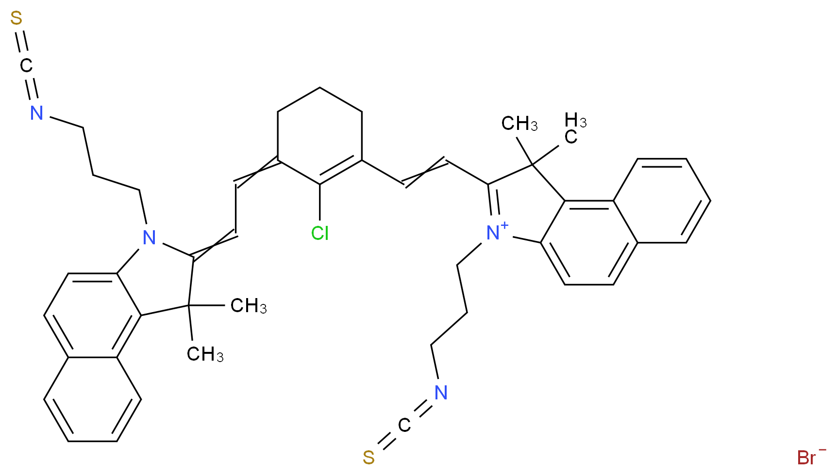 2-[2-(2-chloro-3-{2-[3-(3-isothiocyanatopropyl)-1,1-dimethyl-1H,2H,3H-benzo[e]indol-2-ylidene]ethylidene}cyclohex-1-en-1-yl)ethenyl]-3-(3-isothiocyanatopropyl)-1,1-dimethyl-1H-benzo[e]indol-3-ium bromide_分子结构_CAS_162411-31-6