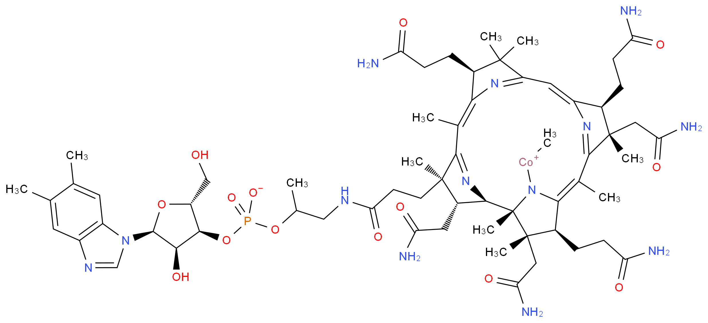 methyl[(1R,2R,3R,4R,6Z,8S,11Z,13S,14S,16Z,18S,19S)-8,13,18-tris(2-carbamoylethyl)-3,14,19-tris(carbamoylmethyl)-4-{2-[(2-{[(2R,3S,4R,5S)-5-(5,6-dimethyl-1H-1,3-benzodiazol-1-yl)-4-hydroxy-2-(hydroxymethyl)oxolan-3-yl phosphonato]oxy}propyl)carbamoyl]ethyl}-1,4,6,9,9,14,16,19-octamethyl-20,21,22,23-tetraazapentacyclo[15.2.1.1<sup>2</sup>,<sup>5</sup>.1<sup>7</sup>,<sup>1</sup><sup>0</sup>.1<sup>1</sup><sup>2</sup>,<sup>1</sup><sup>5</sup>]tricosa-5(23),6,10(22),11,15(21),16-hexaen-20-yl]cobaltylium_分子结构_CAS_13422-55-4