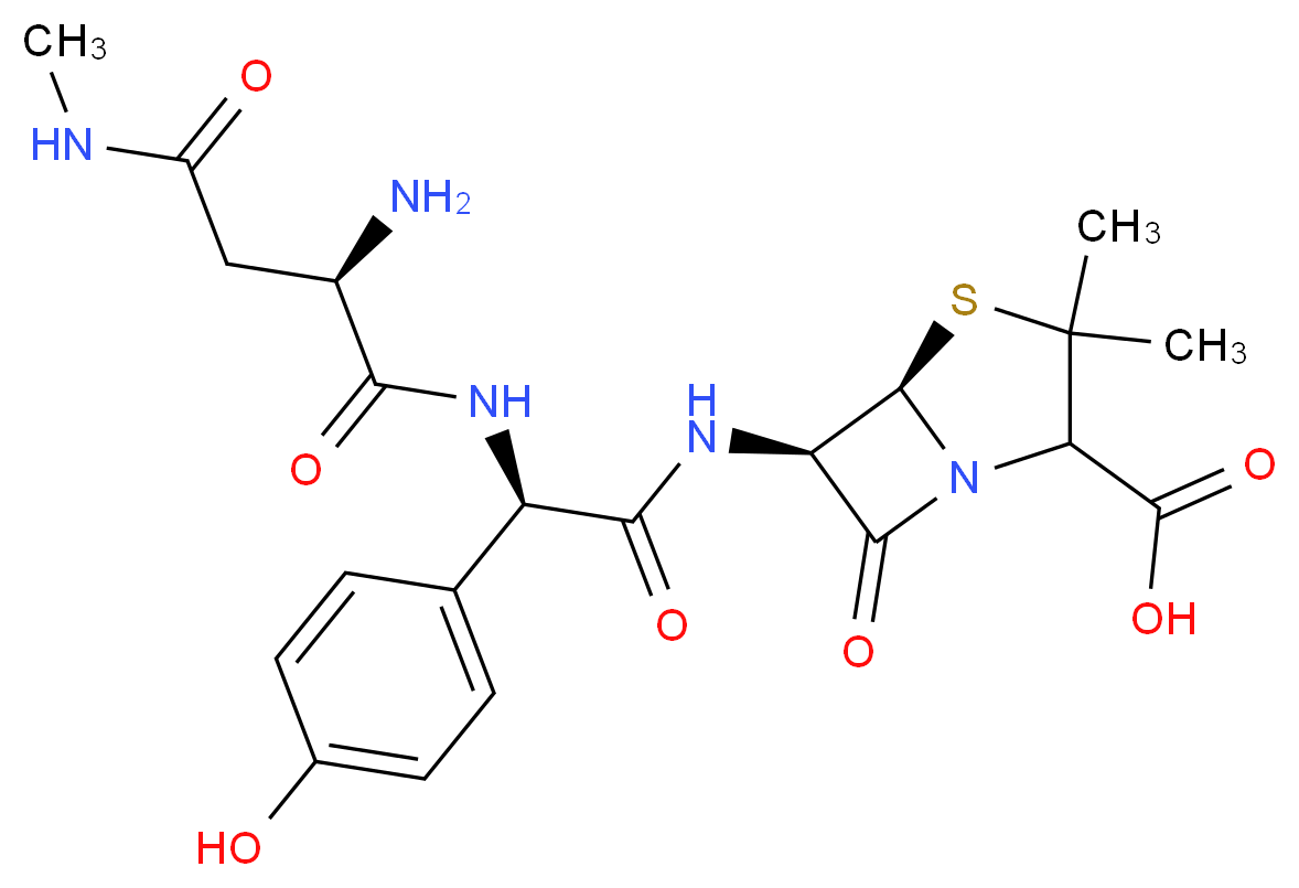 (5R,6R)-6-[(2R)-2-[(2R)-2-amino-3-(methylcarbamoyl)propanamido]-2-(4-hydroxyphenyl)acetamido]-3,3-dimethyl-7-oxo-4-thia-1-azabicyclo[3.2.0]heptane-2-carboxylic acid_分子结构_CAS_63358-49-6