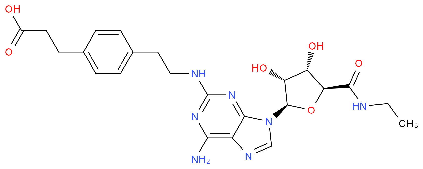 3-{4-[2-({6-amino-9-[(2R,3R,4S,5S)-5-(ethylcarbamoyl)-3,4-dihydroxyoxolan-2-yl]-9H-purin-2-yl}amino)ethyl]phenyl}propanoic acid_分子结构_CAS_120225-54-9