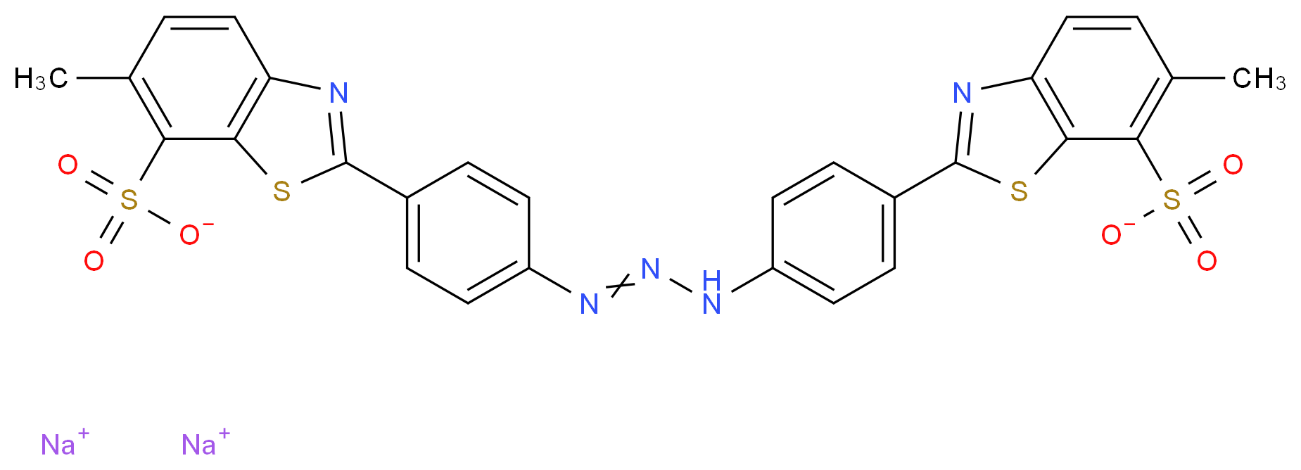disodium 6-methyl-2-(4-{3-[4-(6-methyl-7-sulfonato-1,3-benzothiazol-2-yl)phenyl]triaz-2-en-1-yl}phenyl)-1,3-benzothiazole-7-sulfonate_分子结构_CAS_1829-00-1