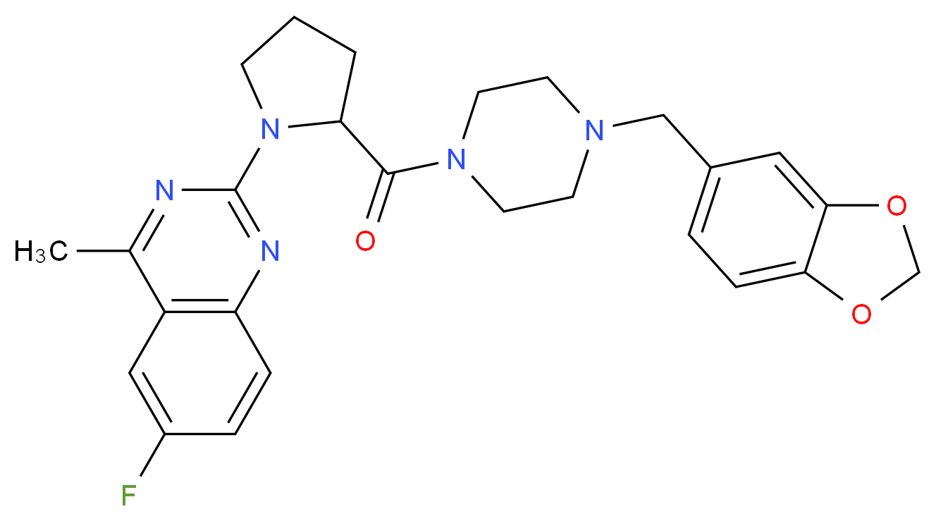 2-(2-{[4-(1,3-benzodioxol-5-ylmethyl)-1-piperazinyl]carbonyl}-1-pyrrolidinyl)-6-fluoro-4-methylquinazoline_分子结构_CAS_)