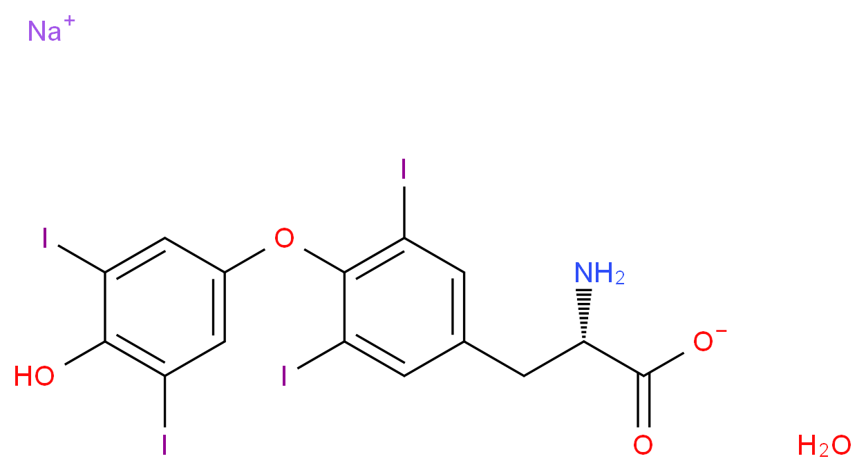 sodium (2S)-2-amino-3-[4-(4-hydroxy-3,5-diiodophenoxy)-3,5-diiodophenyl]propanoate hydrate_分子结构_CAS_25416-65-3