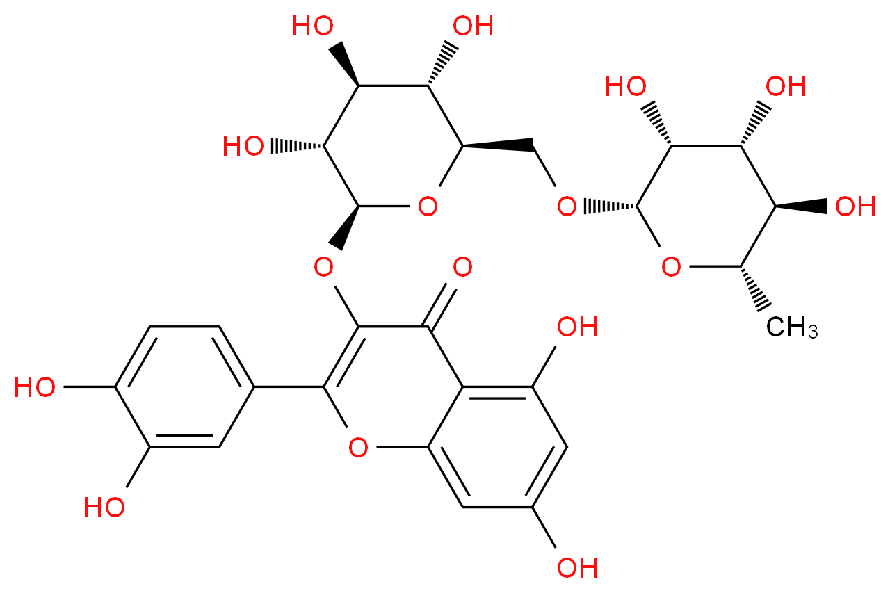 2-(3,4-dihydroxyphenyl)-5,7-dihydroxy-3-{[(2S,3R,4S,5S,6R)-3,4,5-trihydroxy-6-({[(2S,3R,4R,5R,6S)-3,4,5-trihydroxy-6-methyloxan-2-yl]oxy}methyl)oxan-2-yl]oxy}-4H-chromen-4-one_分子结构_CAS_250249-75-3