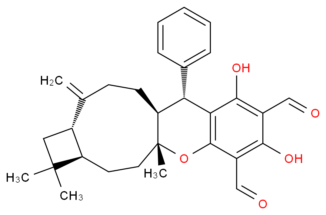 (1R,4R,7S,11S,12R)-14,16-dihydroxy-1,5,5-trimethyl-8-methylidene-12-phenyl-19-oxatetracyclo[9.8.0.0<sup>4</sup>,<sup>7</sup>.0<sup>1</sup><sup>3</sup>,<sup>1</sup><sup>8</sup>]nonadeca-13(18),14,16-triene-15,17-dicarbaldehyde_分子结构_CAS_959860-49-2