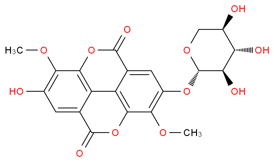 6-hydroxy-7,14-dimethoxy-13-{[(2S,3R,4S,5R)-3,4,5-trihydroxyoxan-2-yl]oxy}-2,9-dioxatetracyclo[6.6.2.0<sup>4</sup>,<sup>1</sup><sup>6</sup>.0<sup>1</sup><sup>1</sup>,<sup>1</sup><sup>5</sup>]hexadeca-1(15),4(16),5,7,11,13-hexaene-3,10-dione_分子结构_CAS_62218-23-9