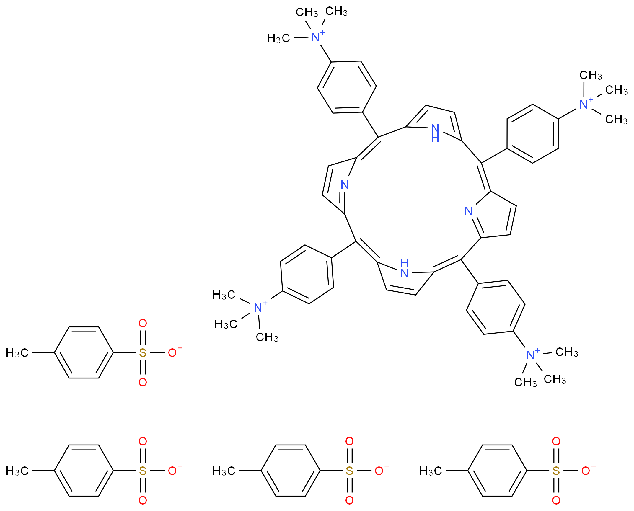 N,N,N-trimethyl-4-{7,12,17-tris[4-(trimethylazaniumyl)phenyl]-21,22,23,24-tetraazapentacyclo[16.2.1.1<sup>3</sup>,<sup>6</sup>.1<sup>8</sup>,<sup>1</sup><sup>1</sup>.1<sup>1</sup><sup>3</sup>,<sup>1</sup><sup>6</sup>]tetracosa-1,3(24),4,6,8,10,12,14,16(22),17,19-undecaen-2-yl}anilinium tetrakis(4-methylbenzene-1-sulfonate)_分子结构_CAS_69458-20-4