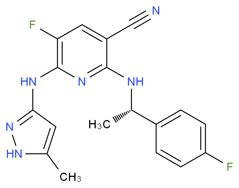 5-fluoro-2-{[(1S)-1-(4-fluorophenyl)ethyl]amino}-6-[(5-methyl-1H-pyrazol-3-yl)amino]pyridine-3-carbonitrile_分子结构_CAS_905586-69-8
