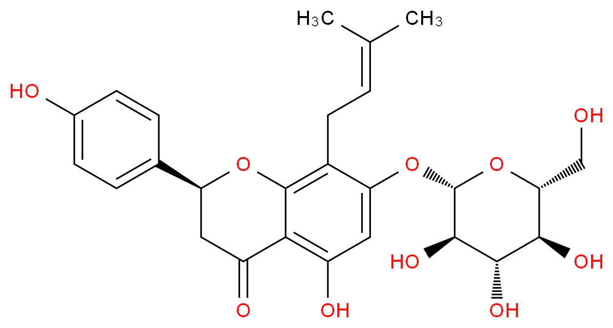 (2S)-5-hydroxy-2-(4-hydroxyphenyl)-8-(3-methylbut-2-en-1-yl)-7-{[(2S,3R,4S,5S,6R)-3,4,5-trihydroxy-6-(hydroxymethyl)oxan-2-yl]oxy}-3,4-dihydro-2H-1-benzopyran-4-one_分子结构_CAS_53846-49-4