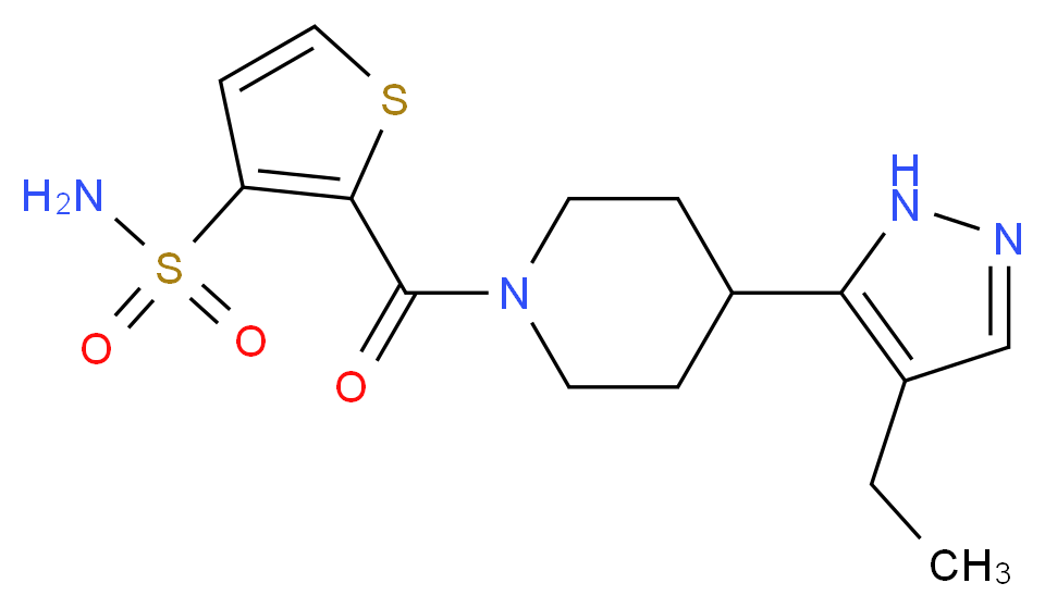 2-{[4-(4-ethyl-1H-pyrazol-5-yl)piperidin-1-yl]carbonyl}thiophene-3-sulfonamide_分子结构_CAS_)