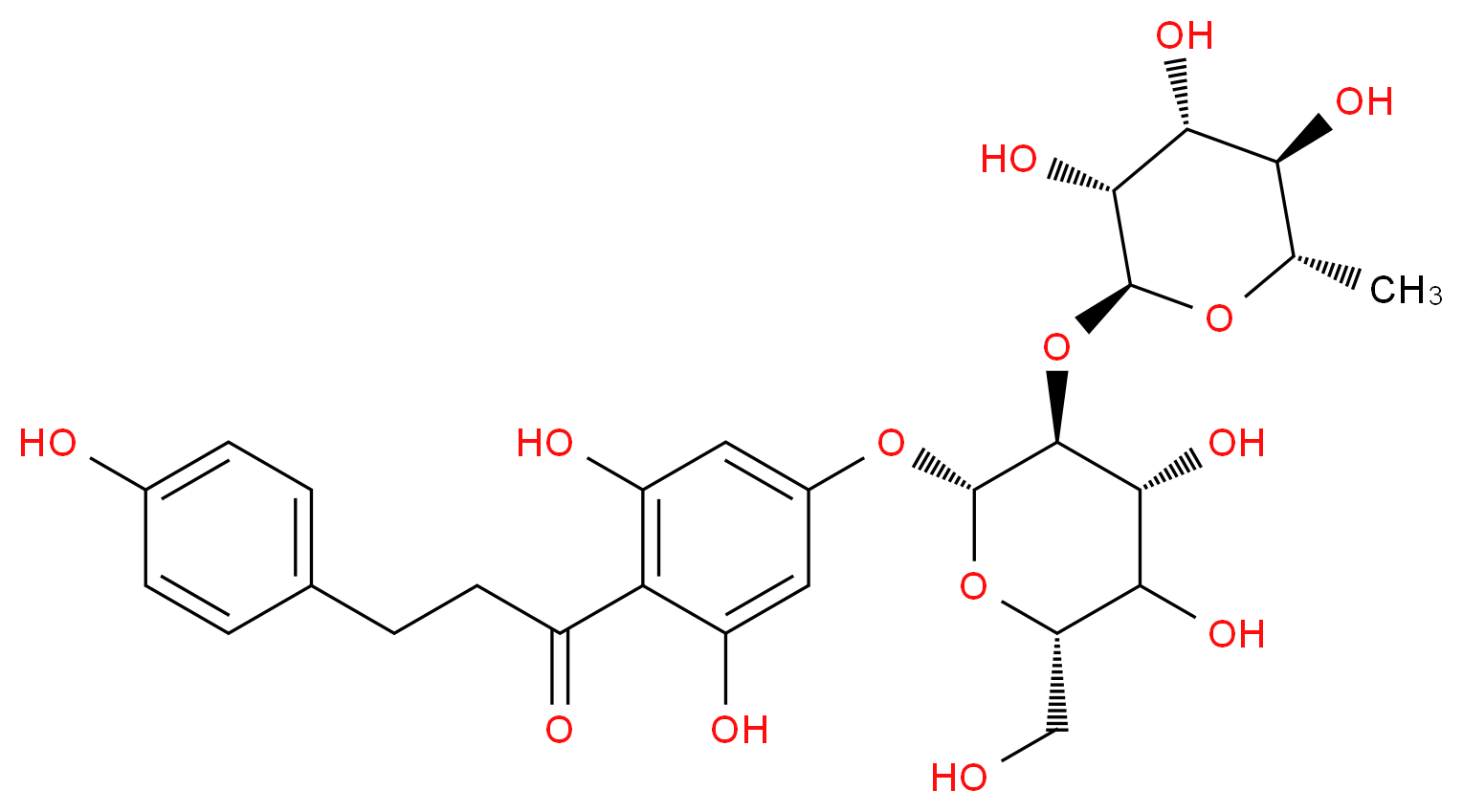 1-(4-(((2R,3S,4R,5R,6S)-4,5-dihydroxy-6-(hydroxymethyl)-3-(((2S,3R,4R,5R,6S)-3,4,5-trihydroxy-6-methyltetrahydro-2H-pyran-2-yl)oxy)tetrahydro-2H-pyran-2-yl)oxy)-2,6-dihydroxyphenyl)-3-(4-hydroxyphenyl
)propan-1-one_分子结构_CAS_)