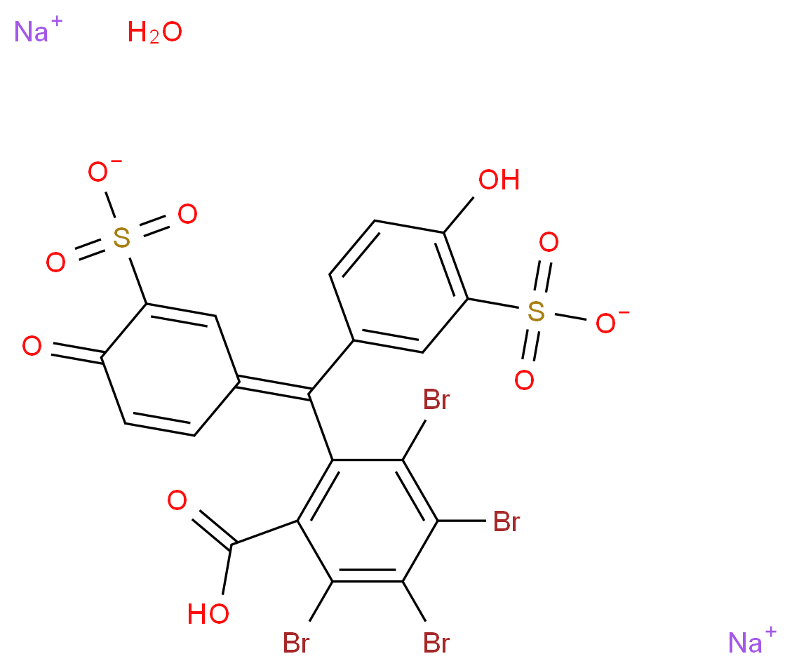 disodium 2-hydroxy-5-{[(1E)-4-oxo-3-sulfonatocyclohexa-2,5-dien-1-ylidene](2,3,4,5-tetrabromo-6-carboxyphenyl)methyl}benzene-1-sulfonate hydrate_分子结构_CAS_71-67-0