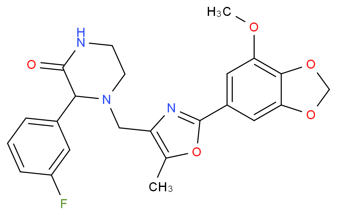 3-(3-fluorophenyl)-4-{[2-(7-methoxy-1,3-benzodioxol-5-yl)-5-methyl-1,3-oxazol-4-yl]methyl}-2-piperazinone_分子结构_CAS_)
