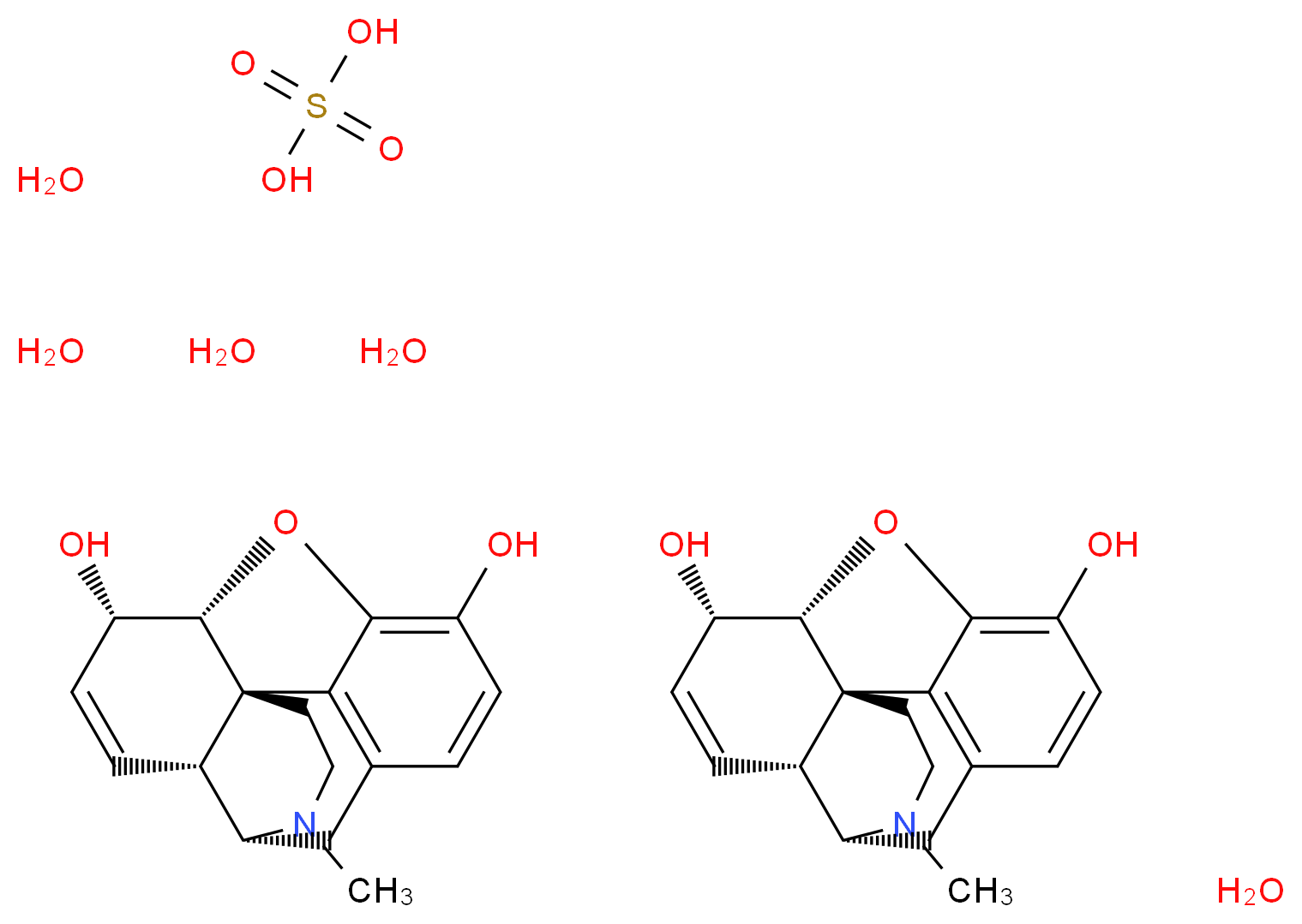 bis((1S,5R,13R,14S,17R)-4-methyl-12-oxa-4-azapentacyclo[9.6.1.0<sup>1</sup>,<sup>1</sup><sup>3</sup>.0<sup>5</sup>,<sup>1</sup><sup>7</sup>.0<sup>7</sup>,<sup>1</sup><sup>8</sup>]octadeca-7(18),8,10,15-tetraene-10,14-diol) sulfuric acid pentahydrate_分子结构_CAS_6211-15-0