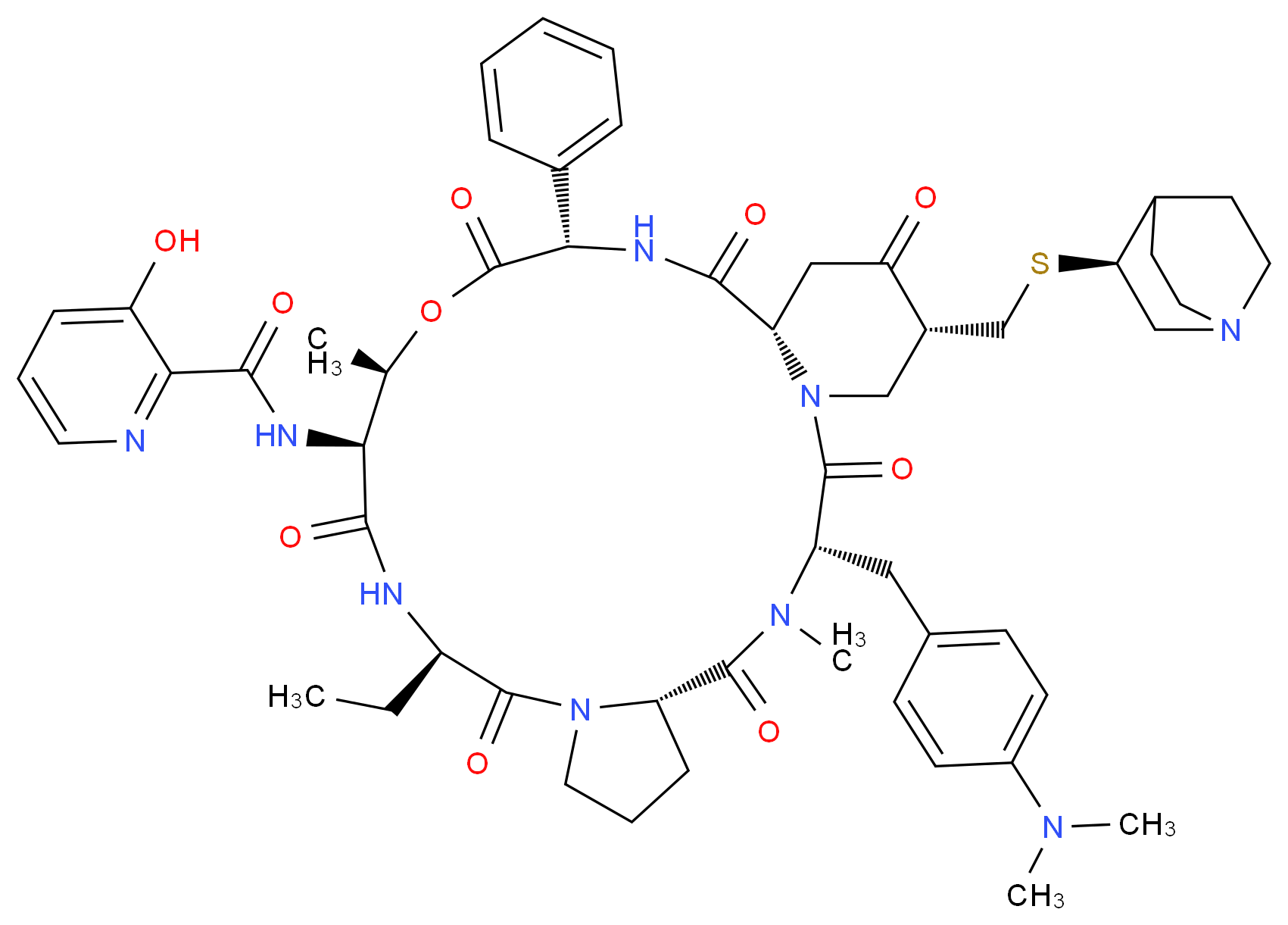 N-[(3S,6S,12R,15S,16R,19S,22S,25R)-25-{[(3S)-1-azabicyclo[2.2.2]octan-3-ylsulfanyl]methyl}-3-{[4-(dimethylamino)phenyl]methyl}-12-ethyl-4,16-dimethyl-2,5,11,14,18,21,24-heptaoxo-19-phenyl-17-oxa-1,4,10,13,20-pentaazatricyclo[20.4.0.0<sup>6</sup>,<sup>1</sup><sup>0</sup>]hexacosan-15-yl]-3-hydroxypyridine-2-carboxamide_分子结构_CAS_120138-50-3