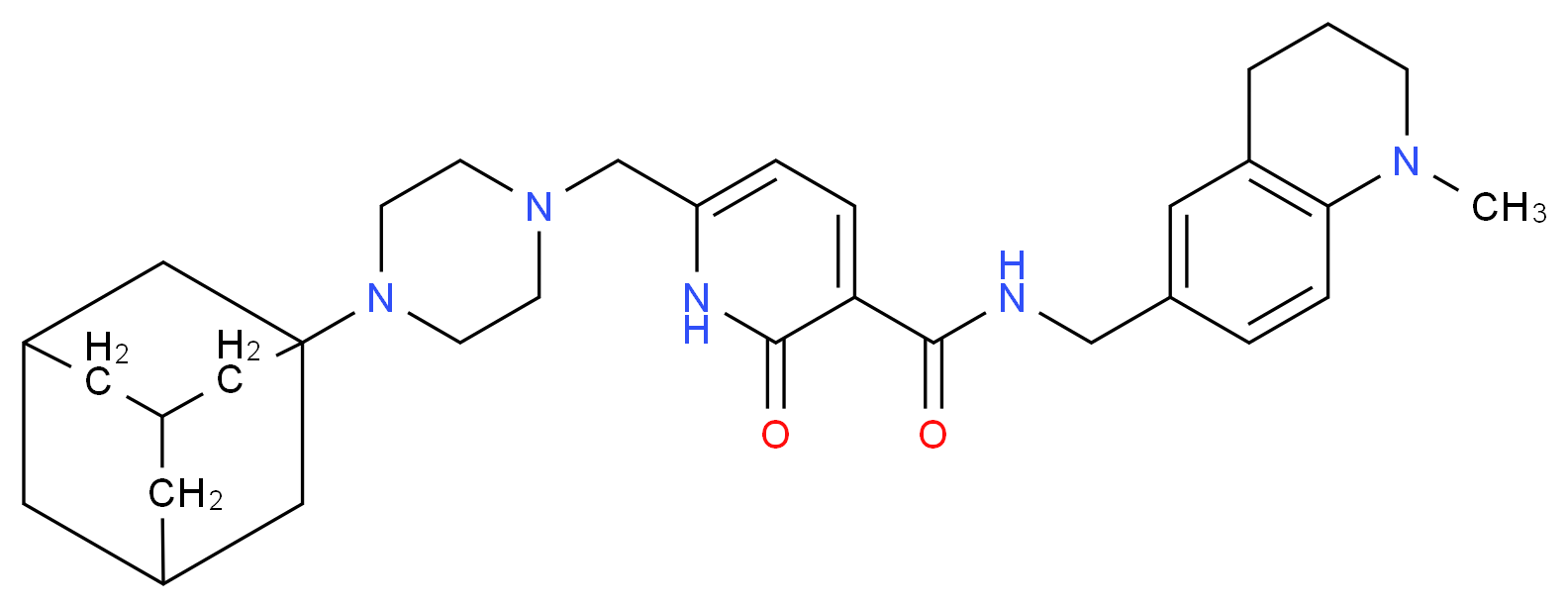 6-{[4-(1-adamantyl)-1-piperazinyl]methyl}-N-[(1-methyl-1,2,3,4-tetrahydro-6-quinolinyl)methyl]-2-oxo-1,2-dihydro-3-pyridinecarboxamide_分子结构_CAS_)