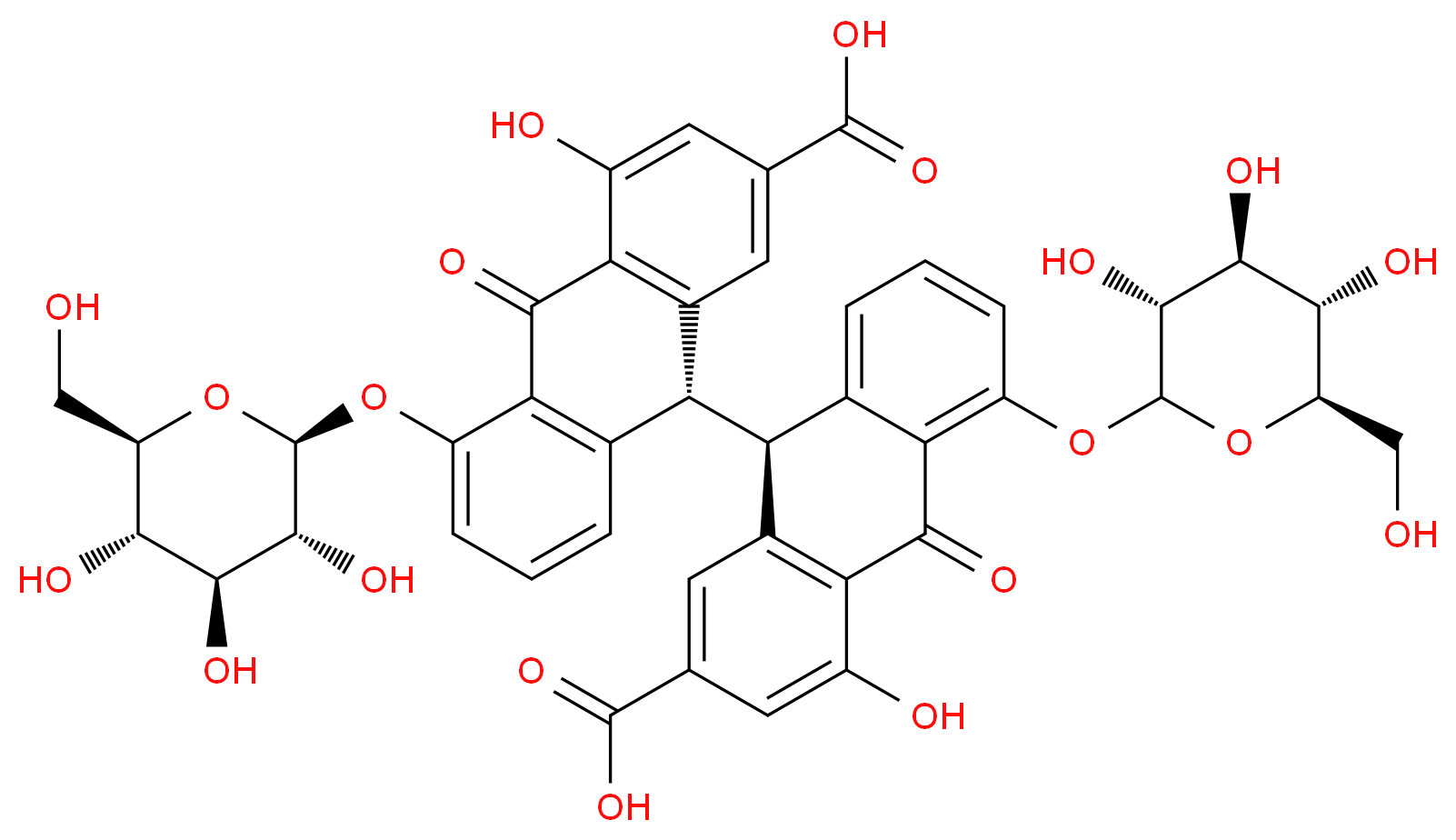 (9R)-9-[(9S)-2-carboxy-4-hydroxy-10-oxo-5-{[(3R,4S,5S,6R)-3,4,5-trihydroxy-6-(hydroxymethyl)oxan-2-yl]oxy}-9,10-dihydroanthracen-9-yl]-4-hydroxy-10-oxo-5-{[(2S,3R,4S,5S,6R)-3,4,5-trihydroxy-6-(hydroxymethyl)oxan-2-yl]oxy}-9,10-dihydroanthracene-2-carboxylic acid_分子结构_CAS_128-57-4