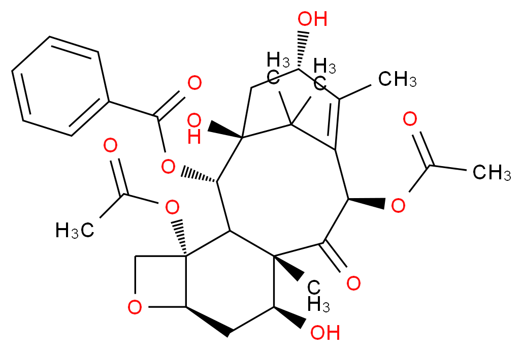 (1S,2S,3R,4S,7R,9S,10S,12R,15S)-4,12-bis(acetyloxy)-1,9,15-trihydroxy-10,14,17,17-tetramethyl-11-oxo-6-oxatetracyclo[11.3.1.0<sup>3</sup>,<sup>1</sup><sup>0</sup>.0<sup>4</sup>,<sup>7</sup>]heptadec-13-en-2-yl benzoate_分子结构_CAS_27548-93-2