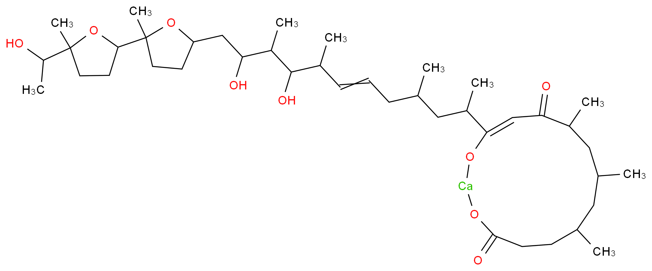 14-(9,11-dihydroxy-12-{5-[5-(1-hydroxyethyl)-5-methyloxolan-2-yl]-5-methyloxolan-2-yl}-4,8,10-trimethyldodec-6-en-2-yl)-7,9,11-trimethyl-1,3-dioxa-2-calcacyclotetradec-13-ene-4,12-dione_分子结构_CAS_56092-82-1