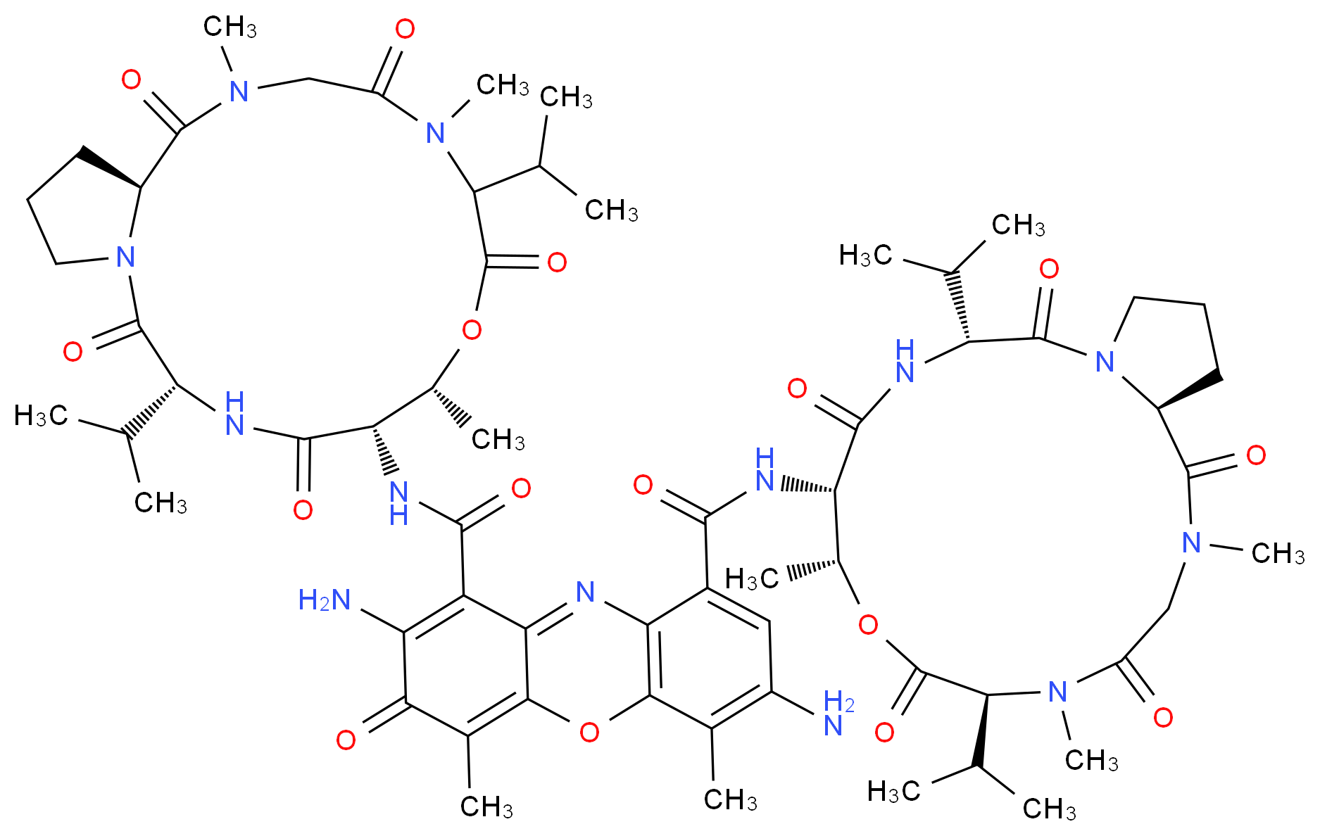 9-N-[(6S,9R,10S,13R,18aS)-2,5,9-trimethyl-1,4,7,11,14-pentaoxo-6,13-bis(propan-2-yl)-hexadecahydro-1H-pyrrolo[2,1-i]1-oxa-4,7,10,13-tetraazacyclohexadecan-10-yl]-1-N-[(9R,10S,13R,18aS)-2,5,9-trimethyl-1,4,7,11,14-pentaoxo-6,13-bis(propan-2-yl)-hexadecahydro-1H-pyrrolo[2,1-i]1-oxa-4,7,10,13-tetraazacyclohexadecan-10-yl]-2,7-diamino-4,6-dimethyl-3-oxo-3H-phenoxazine-1,9-dicarboxamide_分子结构_CAS_7240-37-1