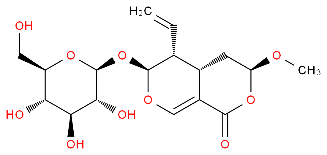 (3S,4aS,5R,6S)-5-ethenyl-3-methoxy-6-{[(2S,3R,4S,5S,6R)-3,4,5-trihydroxy-6-(hydroxymethyl)oxan-2-yl]oxy}-1H,3H,4H,4aH,5H,6H-pyrano[3,4-c]pyran-1-one_分子结构_CAS_118627-52-4