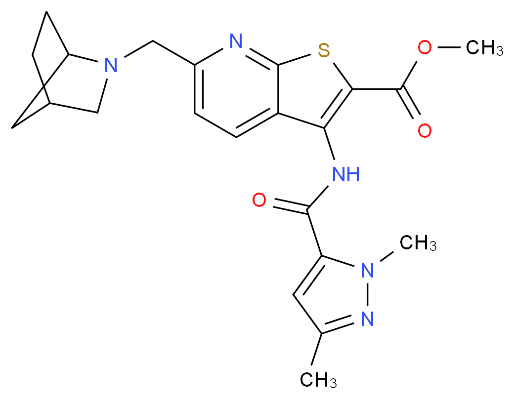 methyl 6-(2-azabicyclo[2.2.1]hept-2-ylmethyl)-3-{[(1,3-dimethyl-1H-pyrazol-5-yl)carbonyl]amino}thieno[2,3-b]pyridine-2-carboxylate_分子结构_CAS_)
