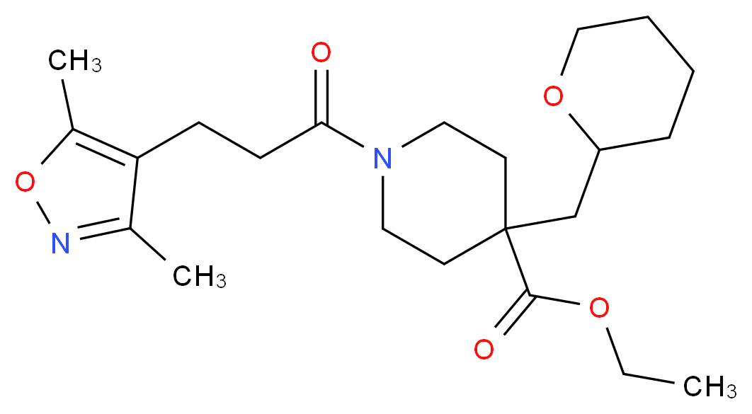 ethyl 1-[3-(3,5-dimethyl-4-isoxazolyl)propanoyl]-4-(tetrahydro-2H-pyran-2-ylmethyl)-4-piperidinecarboxylate_分子结构_CAS_)