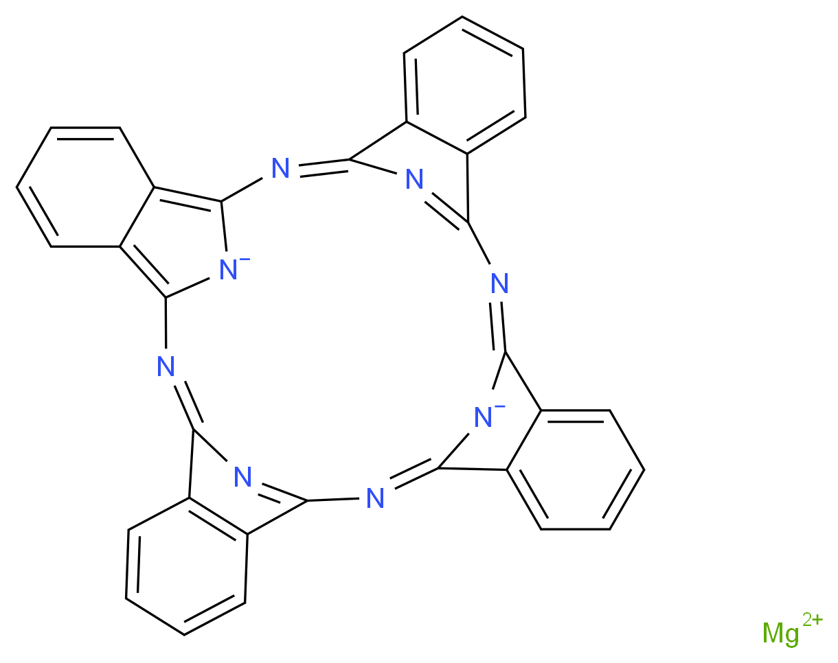 magnesium(2+) ion 2,11,20,29,37,38,39,40-octaazanonacyclo[28.6.1.1<sup>3</sup>,<sup>1</sup><sup>0</sup>.1<sup>1</sup><sup>2</sup>,<sup>1</sup><sup>9</sup>.1<sup>2</sup><sup>1</sup>,<sup>2</sup><sup>8</sup>.0<sup>4</sup>,<sup>9</sup>.0<sup>1</sup><sup>3</sup>,<sup>1</sup><sup>8</sup>.0<sup>2</sup><sup>2</sup>,<sup>2</sup><sup>7</sup>.0<sup>3</sup><sup>1</sup>,<sup>3</sup><sup>6</sup>]tetraconta-1(36),2,4,6,8,10(40),11,13,15,17,19,21(38),22,24,26,28,30,32,34-nonadecaene-37,39-diide_分子结构_CAS_1661-03-6